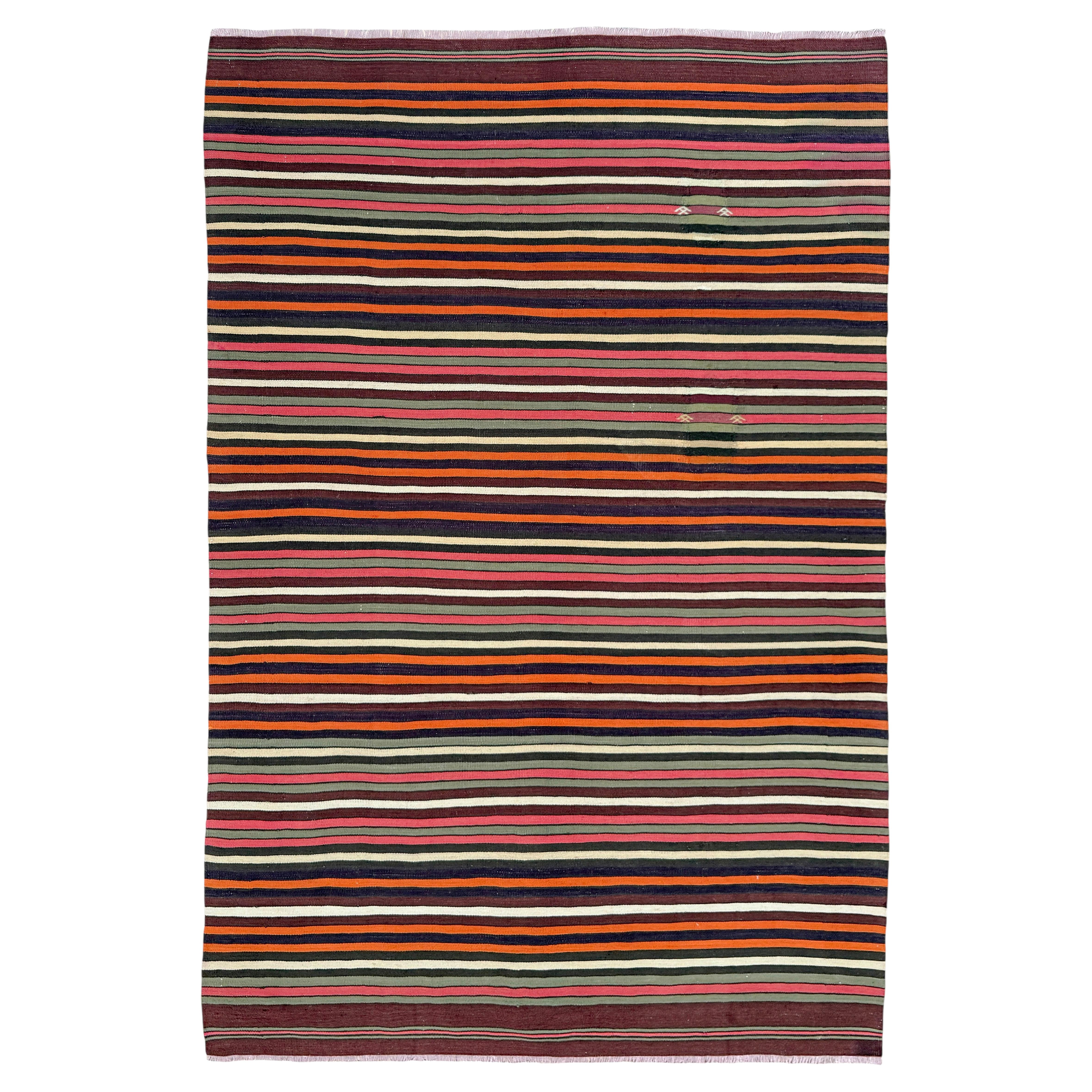 Colorful Vintage Turkish Striped Kilim Rug • Anatolian Village Flatweave Wool