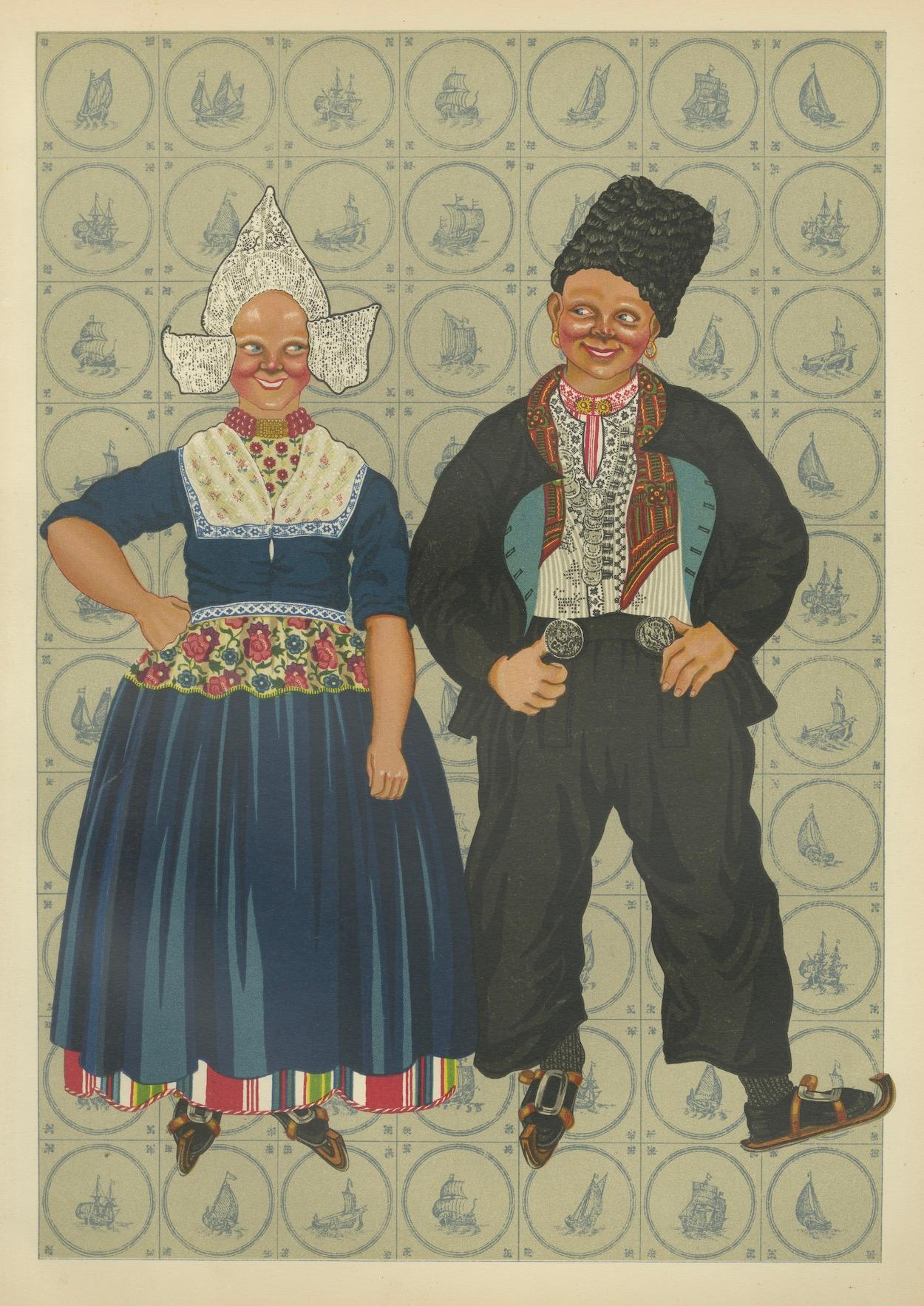 Costume de mariage Volendam coloré, 19e siècle - Gravure ancienne sur costume hollandais Bon état - En vente à Langweer, NL