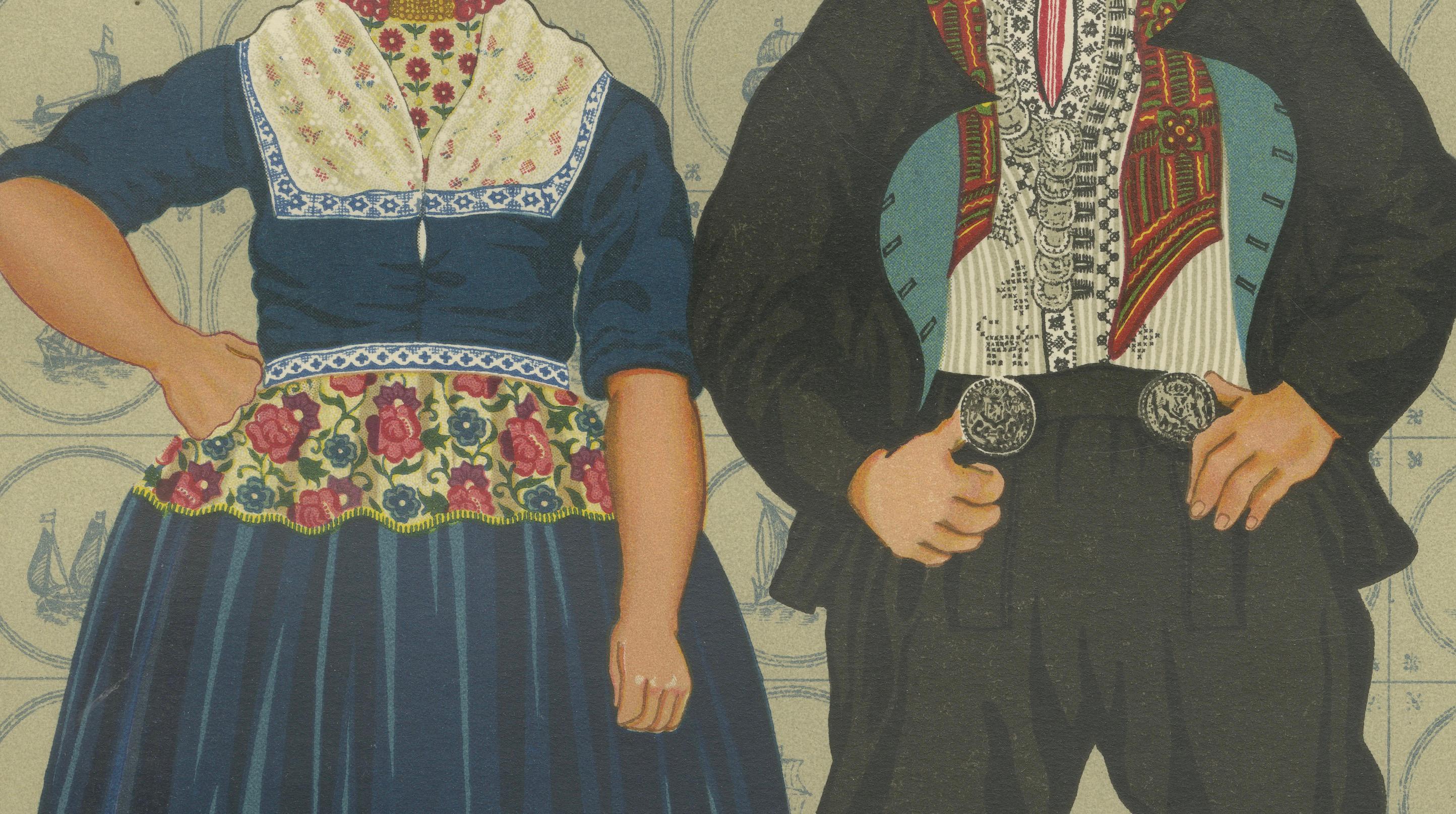 Papier Costume de mariage Volendam coloré, 19e siècle - Gravure ancienne sur costume hollandais en vente