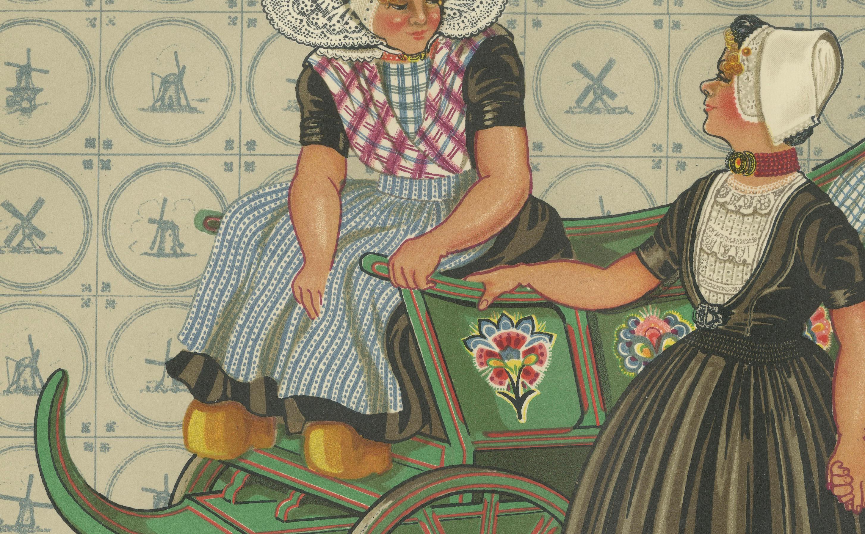 Bunte Walcheren-Mädchen in traditioneller Kleidung auf einem bemalten Marktwagen

Diese bezaubernde und farbenfrohe Kostümtafel aus der 1932 erschienenen Publikation *The National Costumes of Holland* von Gratiane de Gardilanne und Elizabeth Whitney