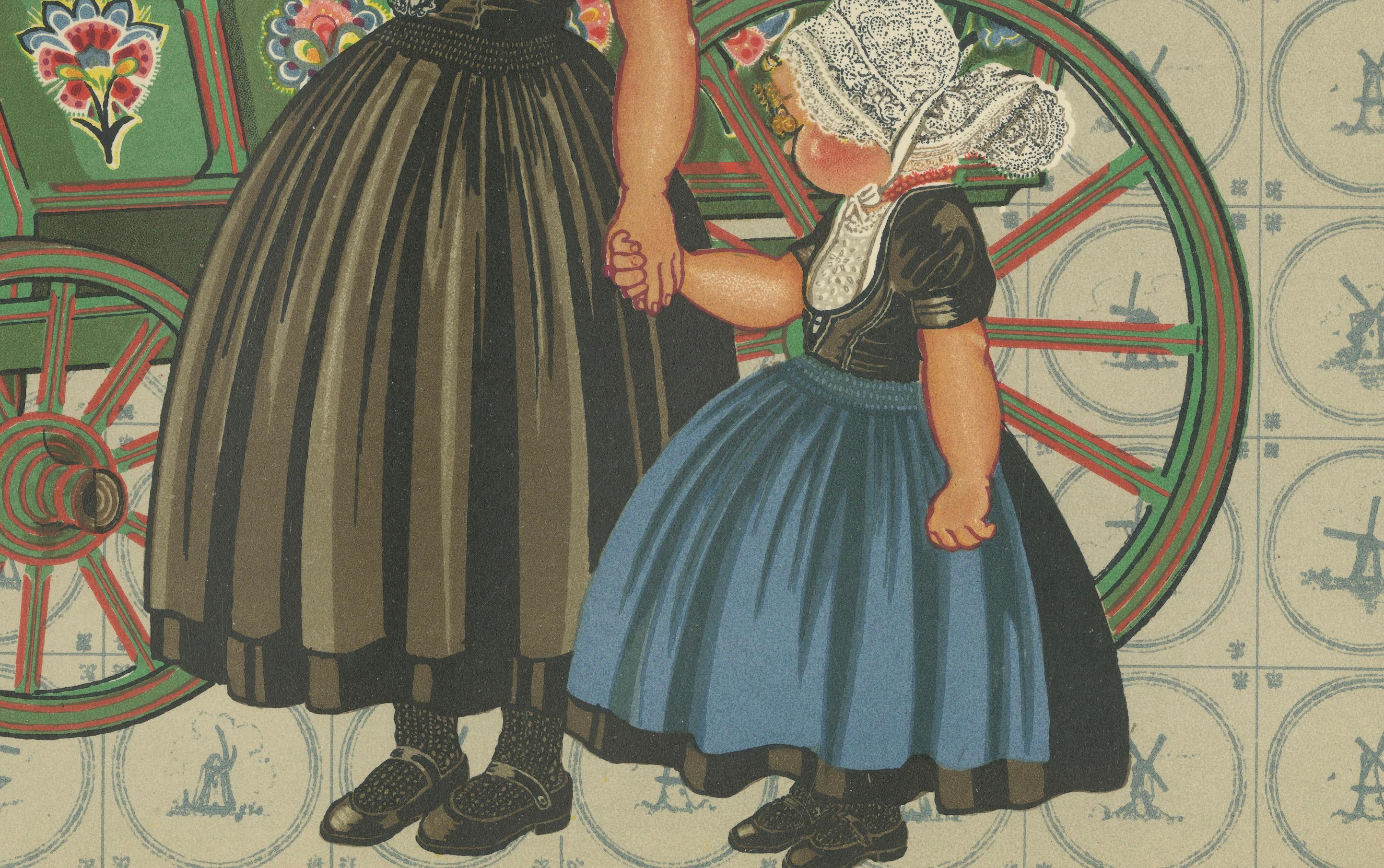Bunte Walcherinnenmädchen in traditionellem Kleid, die auf einem bemalten Marktwagen reiten, 1932 im Zustand „Gut“ im Angebot in Langweer, NL