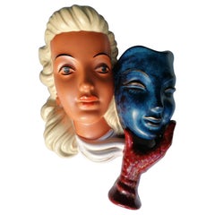 Colorful Wall Decorative Ceramic Mask Midcentury