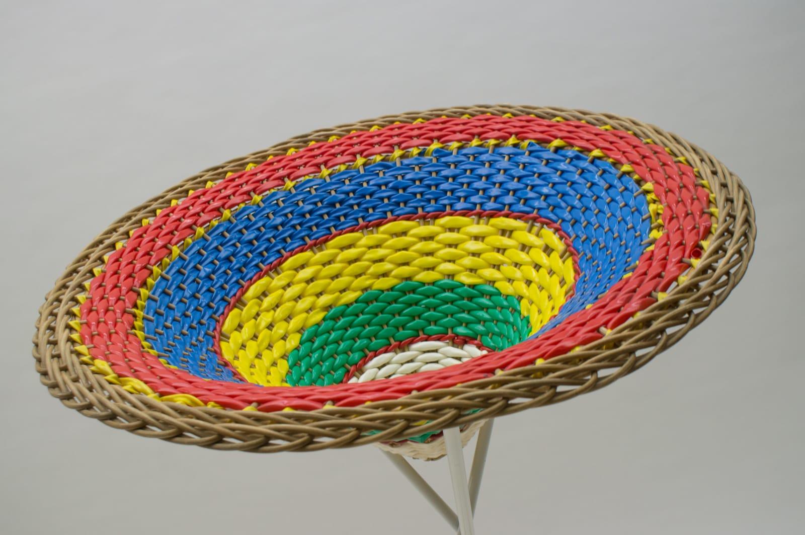 Mid-20th Century Colorful Wickerwork Midcentury Tripod Presentation Basket, 1950s For Sale