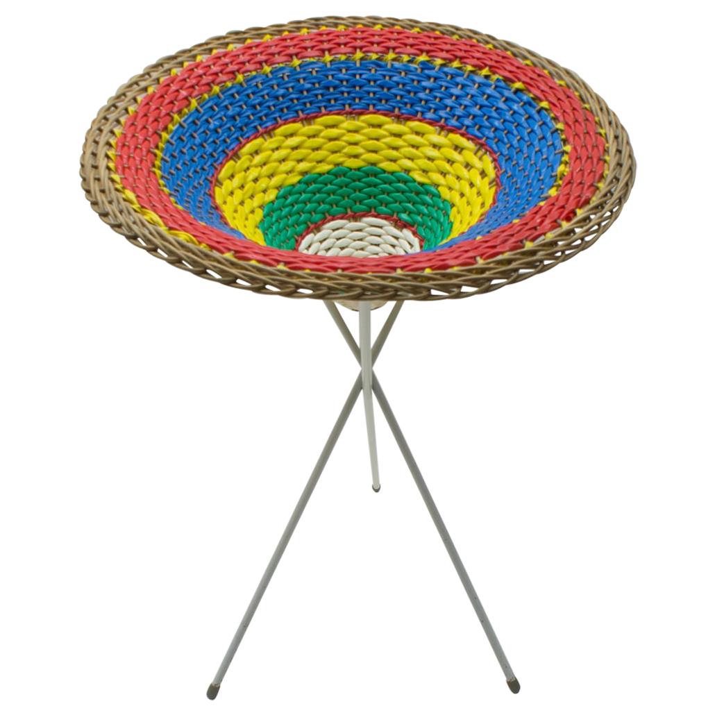 Colorful Wickerwork Midcentury Tripod Presentation Basket, 1950s For Sale