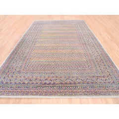 Colorful Wool and Sari Silk Sarouk Mir Inspired Boteh Design Hand Knotted Rug