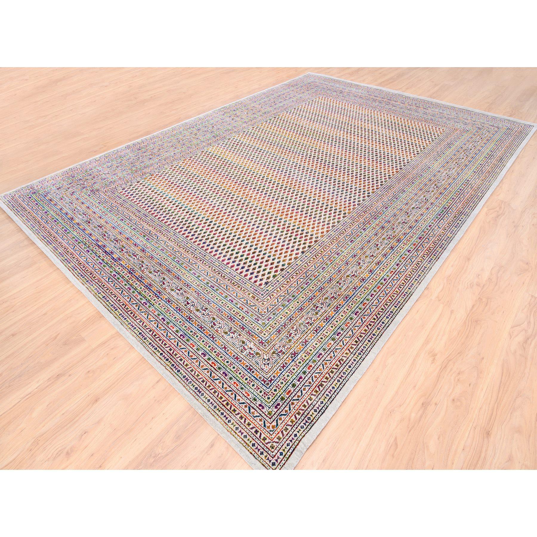 Indiano Tappeto colorato in lana e seta Sari Sarouk Mir ispirato al design Boteh annodato a mano in vendita