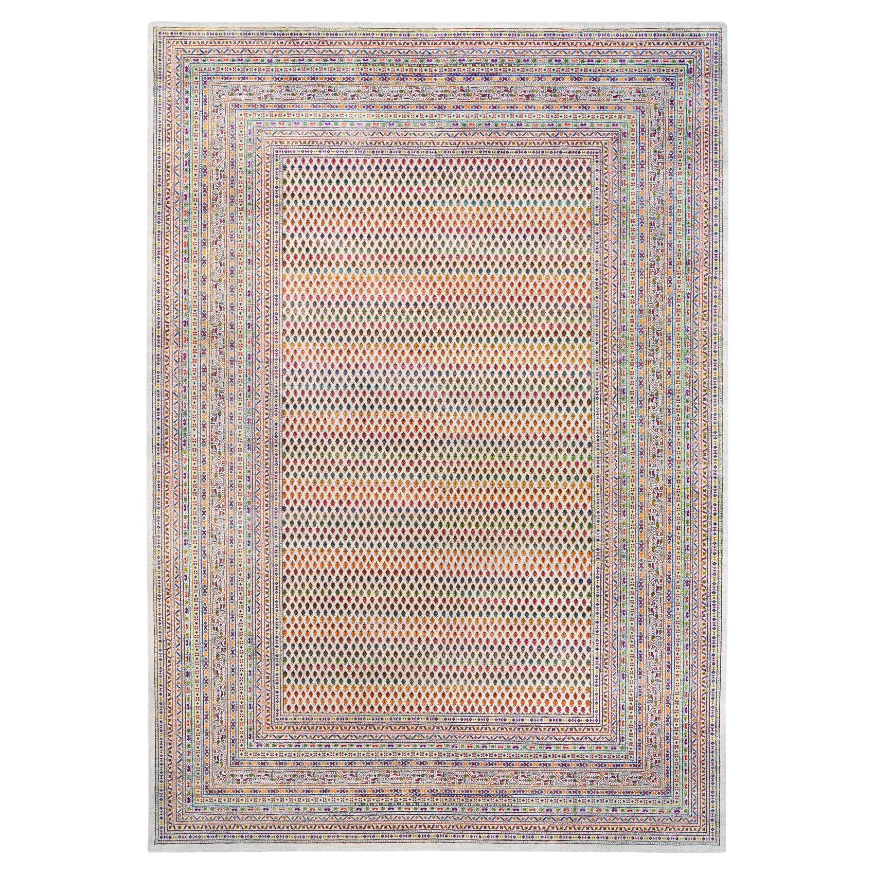 Colorful Wool and Sari Silk Sarouk Mir Inspired Boteh Design Hand Knotted Rug