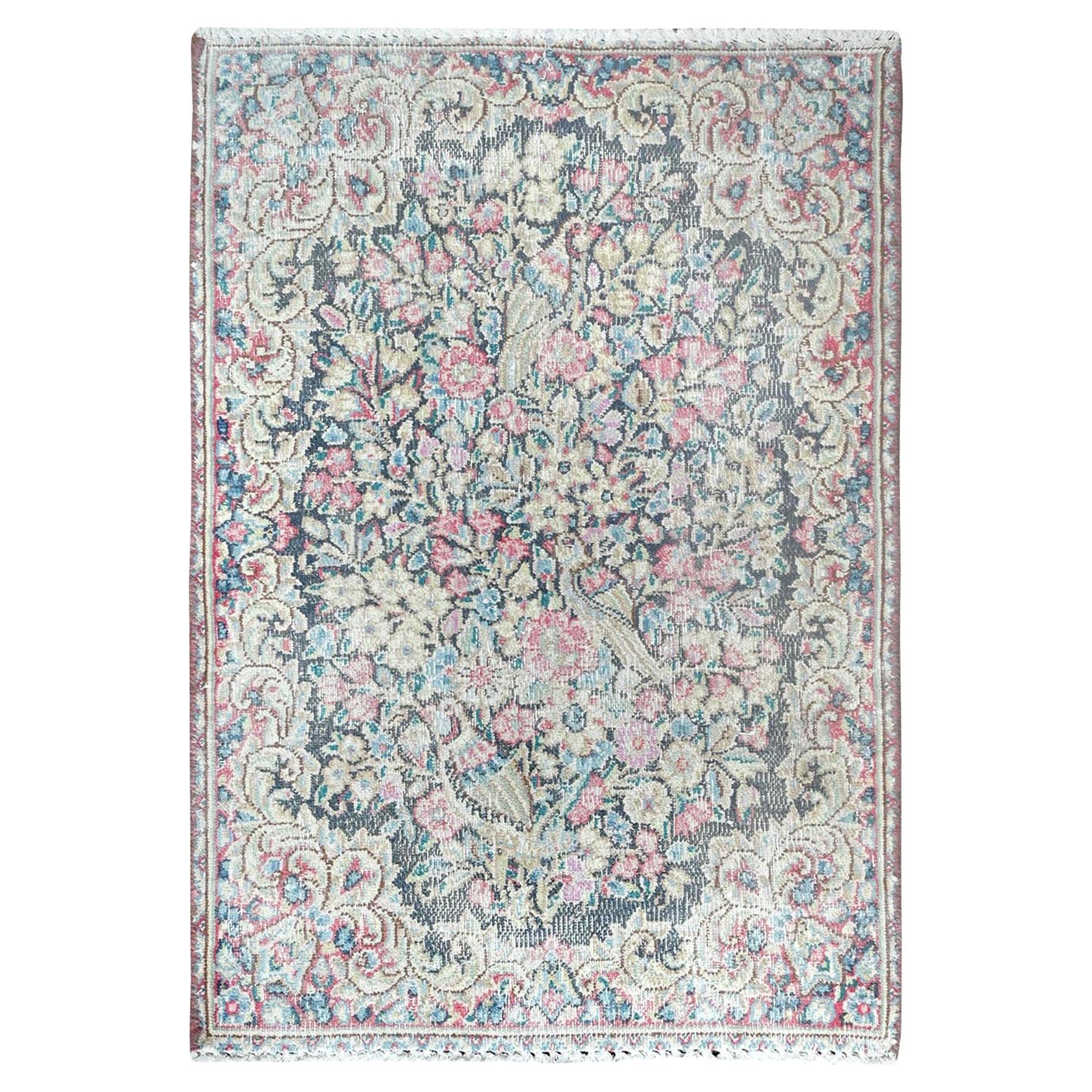 Colorful Worn Wool Hand Knotted Old Persian Kerman Distressed Look Rug For Sale