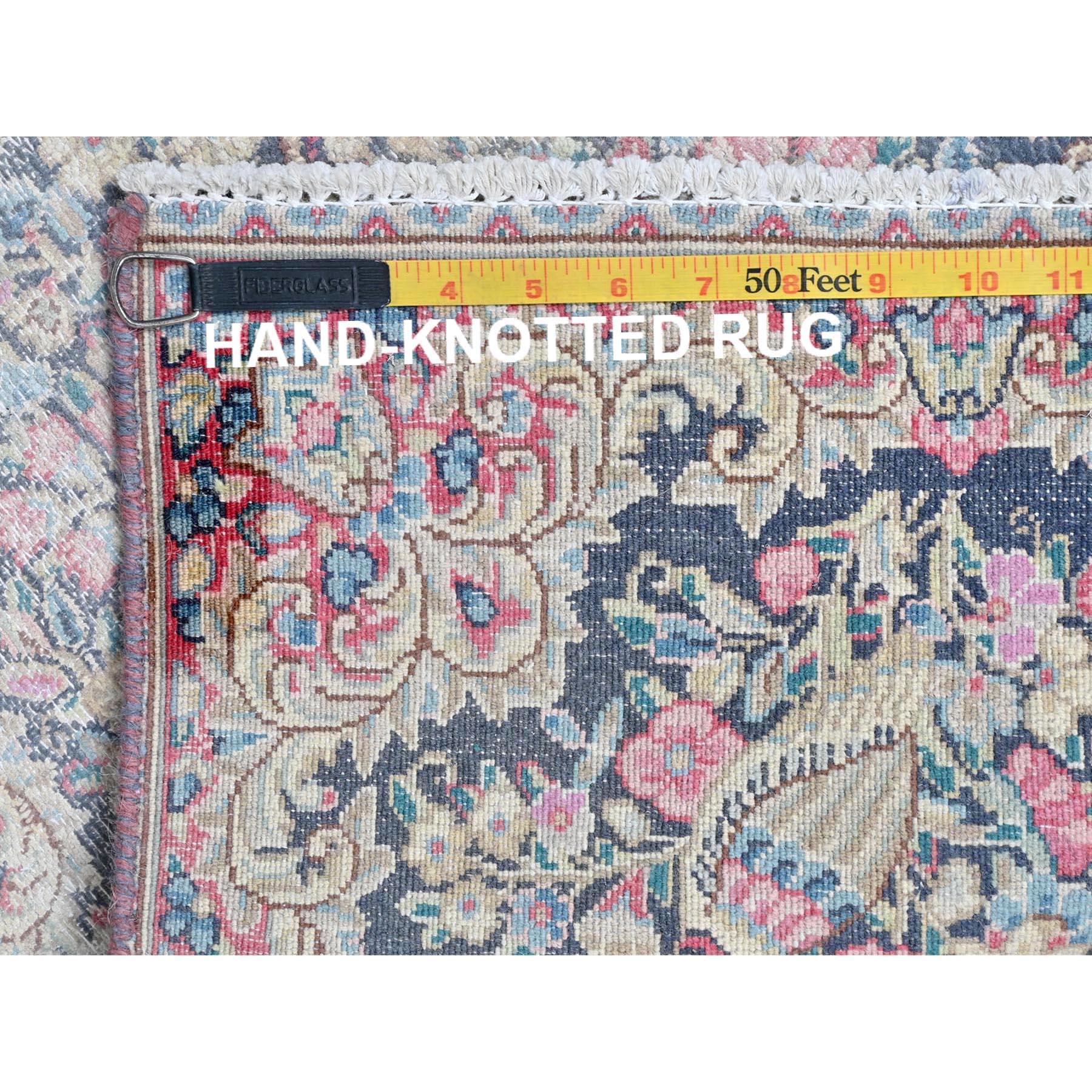 Colorful Worn Wool Hand Knotted Vintage Persian Kerman Distressed Look Rug For Sale 1