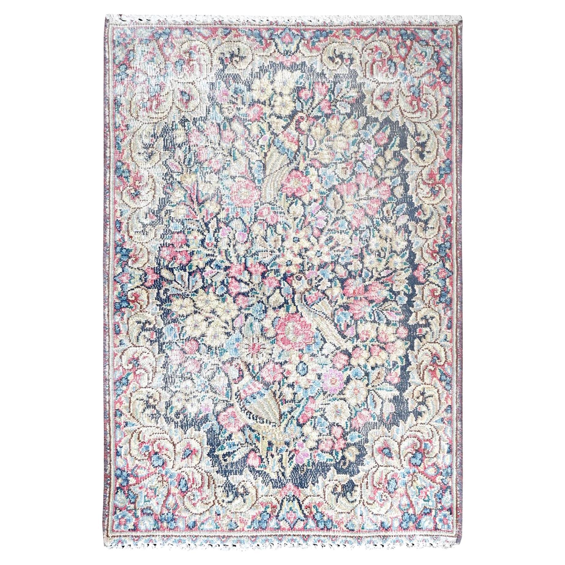 Colorful Worn Wool Hand Knotted Vintage Persian Kerman Distressed Look Rug For Sale