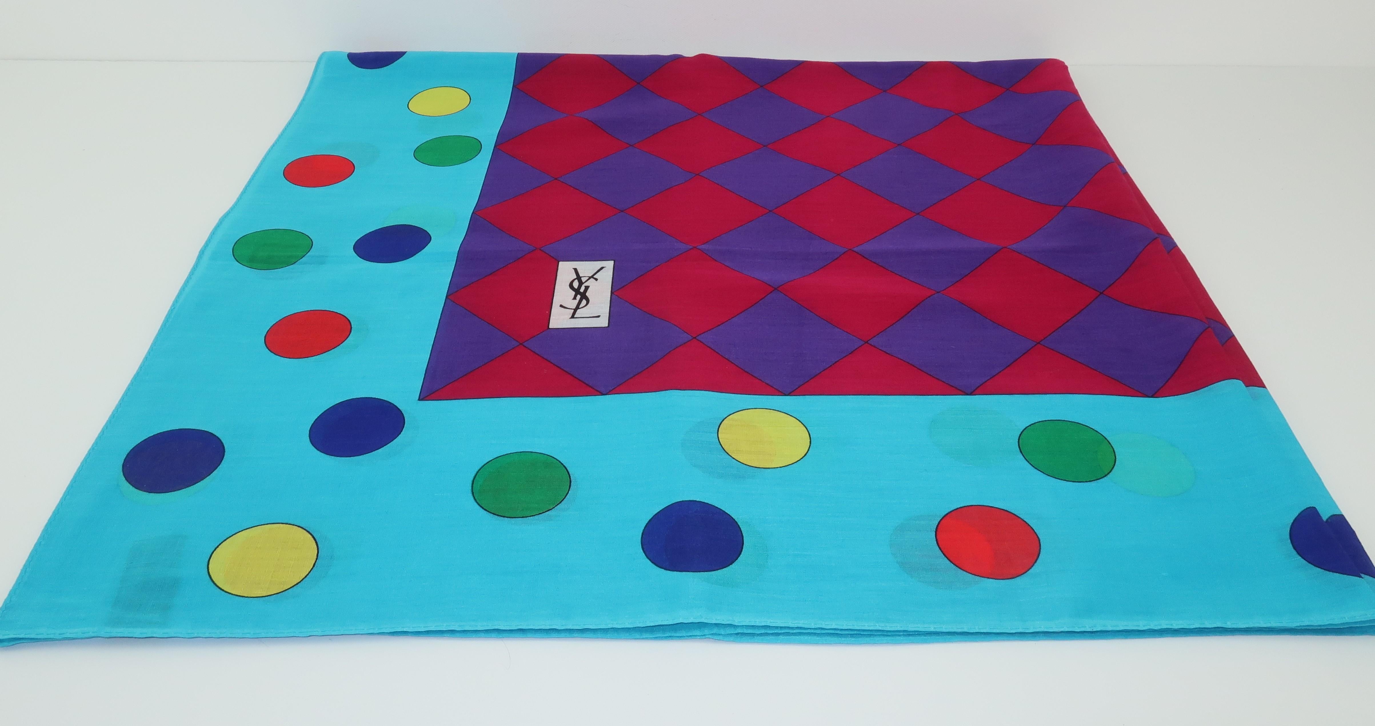 Colorful Yves Saint Laurent Large Polka Dot Cotton Scarf In Good Condition In Atlanta, GA