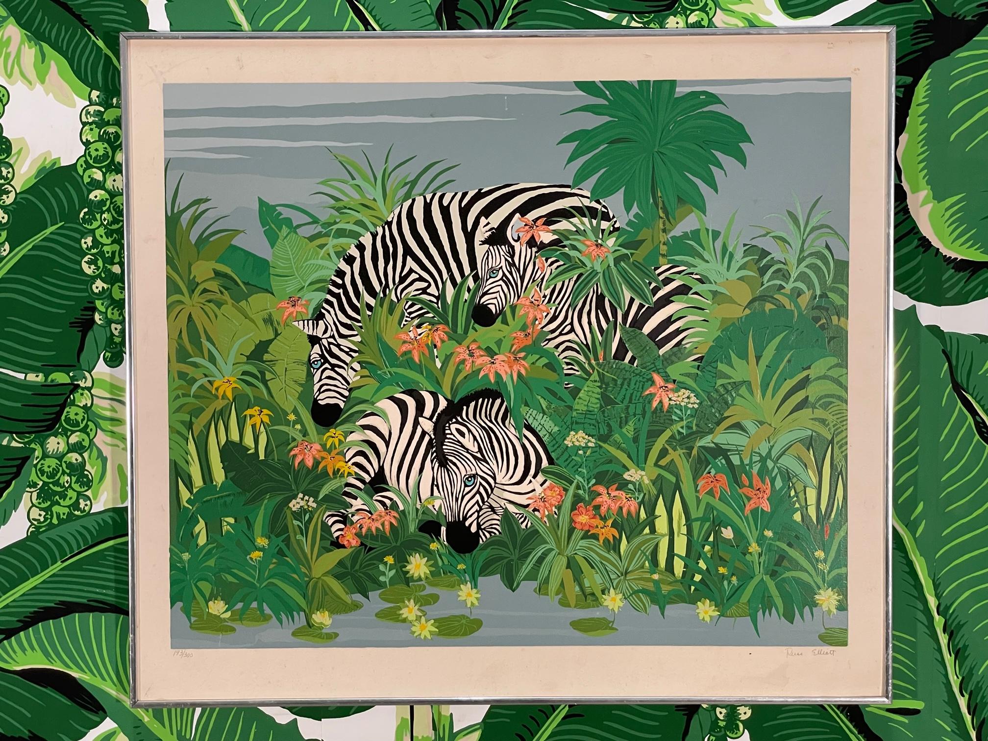 Colorful matted floral print features zebras and a metal frame. No glass. Good condition with imperfections consistent with age. May exhibit scuffs, marks, or wear, see photos for details.
 
 