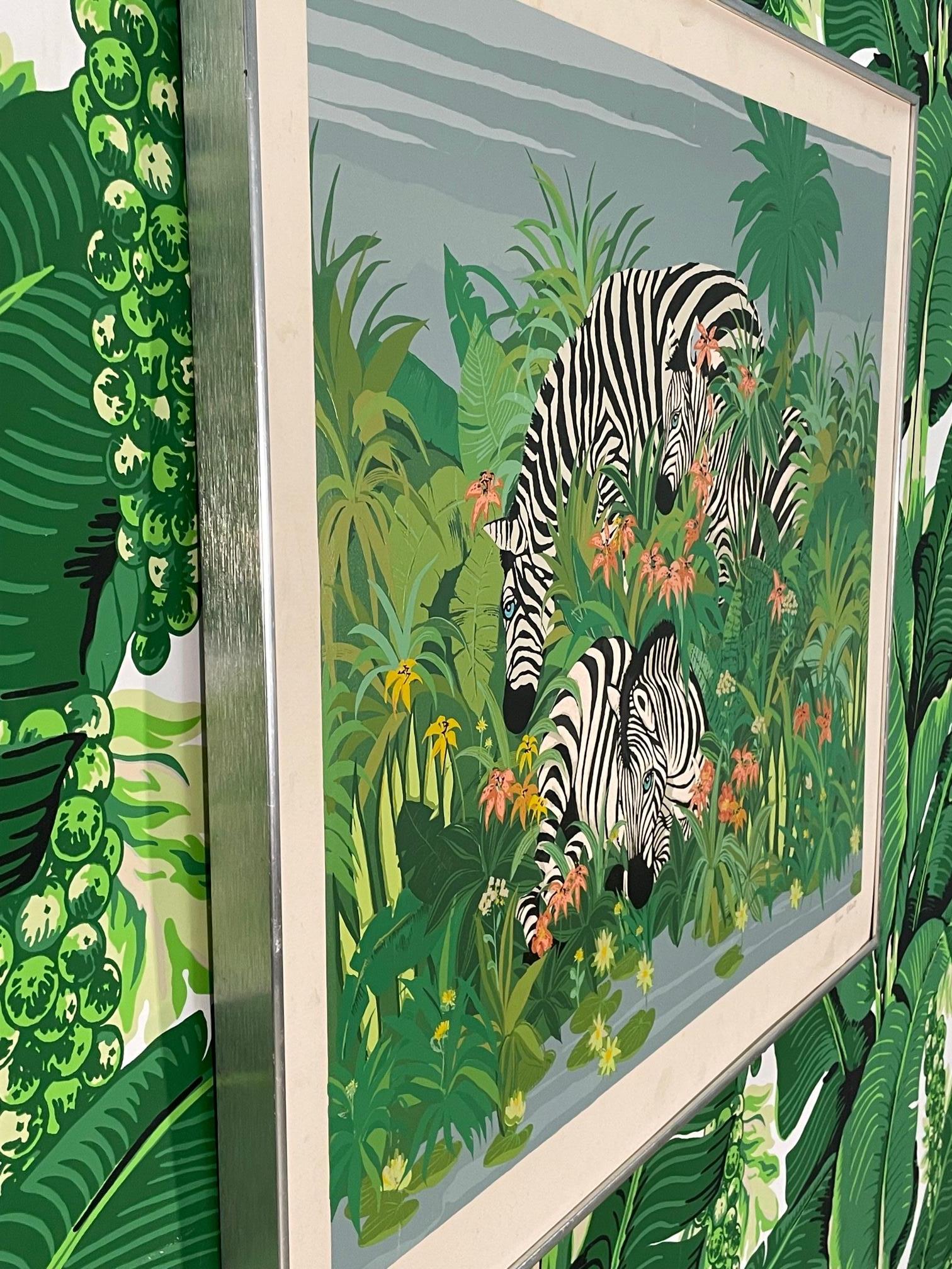 Colorful Zebra and Floral Print in Chrome Frame In Good Condition For Sale In Jacksonville, FL