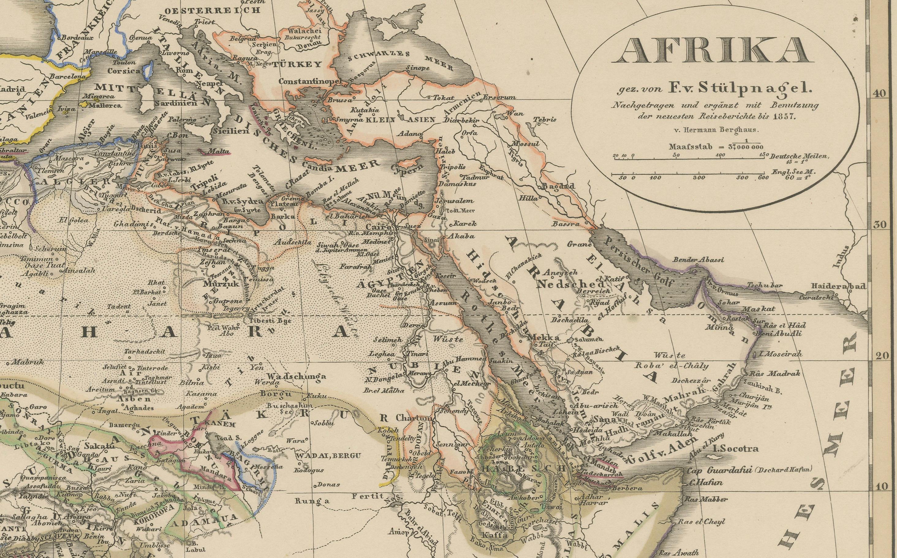 Mapa antiguo de África con Argelia - Atlas Stieler 1858

Este mapa antiguo de África, grabado por F. von Stülpnagel y publicado por Justus Perthes en 1858, es una representación finamente detallada y de gran valor histórico del continente africano a
