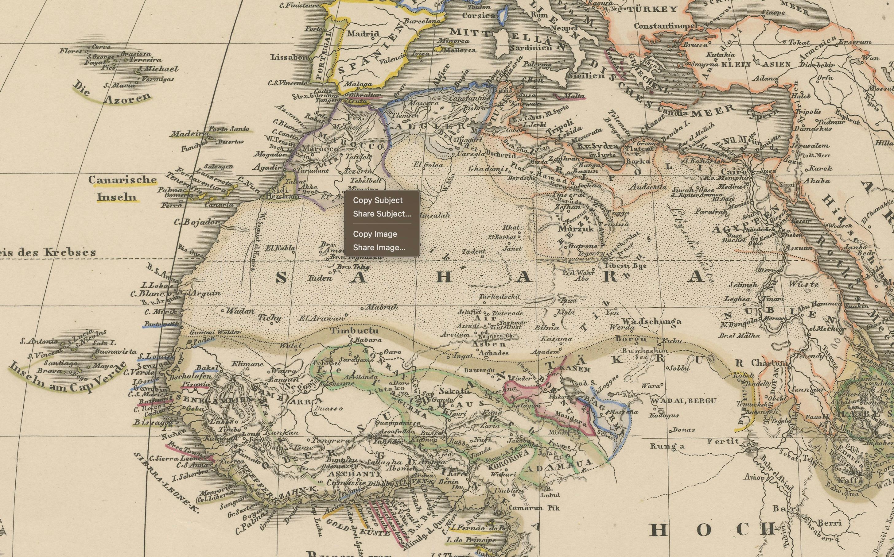 Mapa antiguo a todo color de África con Argelia - Atlas Stieler 1858 Alemán en venta