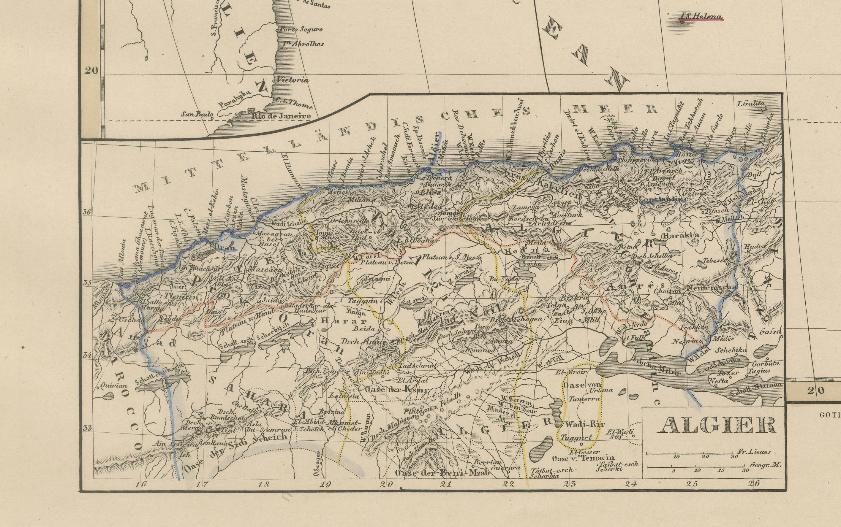 Mapa antiguo a todo color de África con Argelia - Atlas Stieler 1858 Grabado en venta