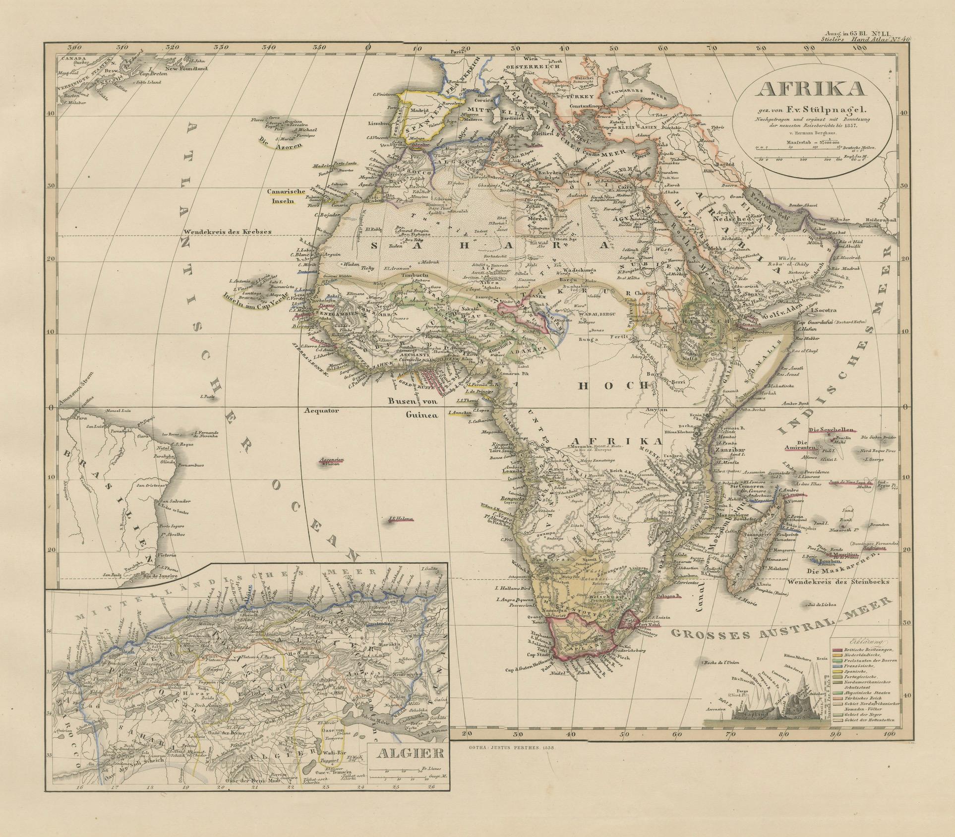 Mapa antiguo a todo color de África con Argelia - Atlas Stieler 1858 en Bueno estado para la venta en Langweer, NL