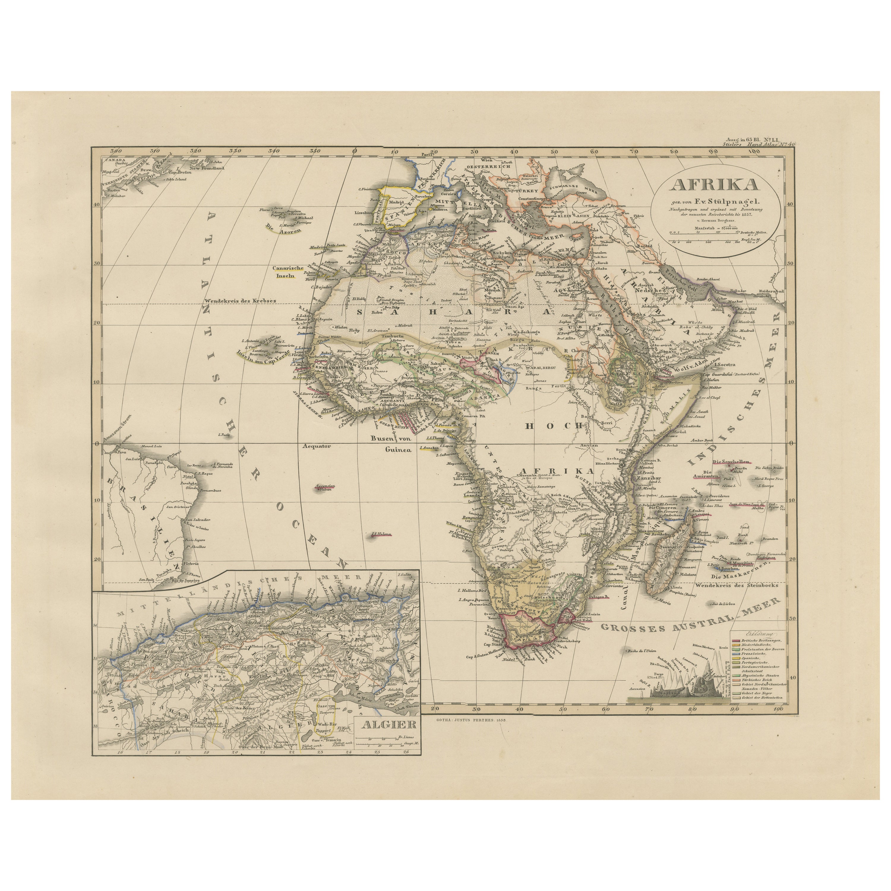 Mapa antiguo a todo color de África con Argelia - Atlas Stieler 1858