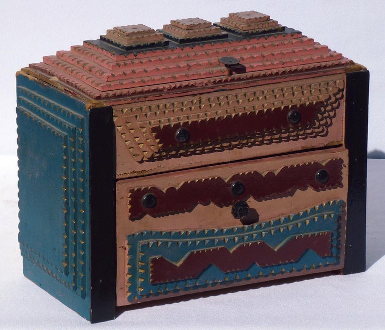 Folk Art Colorfully Painted Tramp Art Box with Drawer and Hinged Lid Unusual Construction For Sale