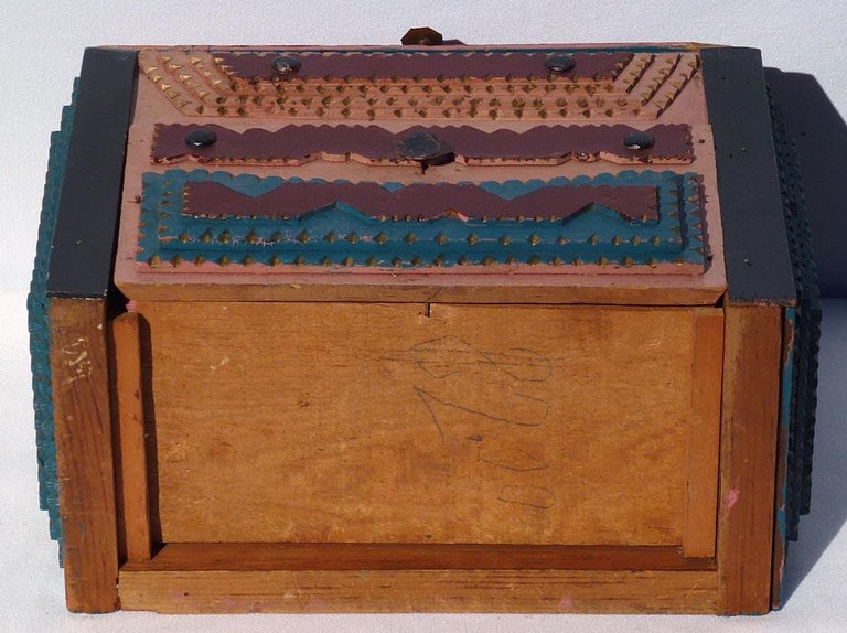 Hand-Carved Colorfully Painted Tramp Art Box with Drawer and Hinged Lid Unusual Construction For Sale