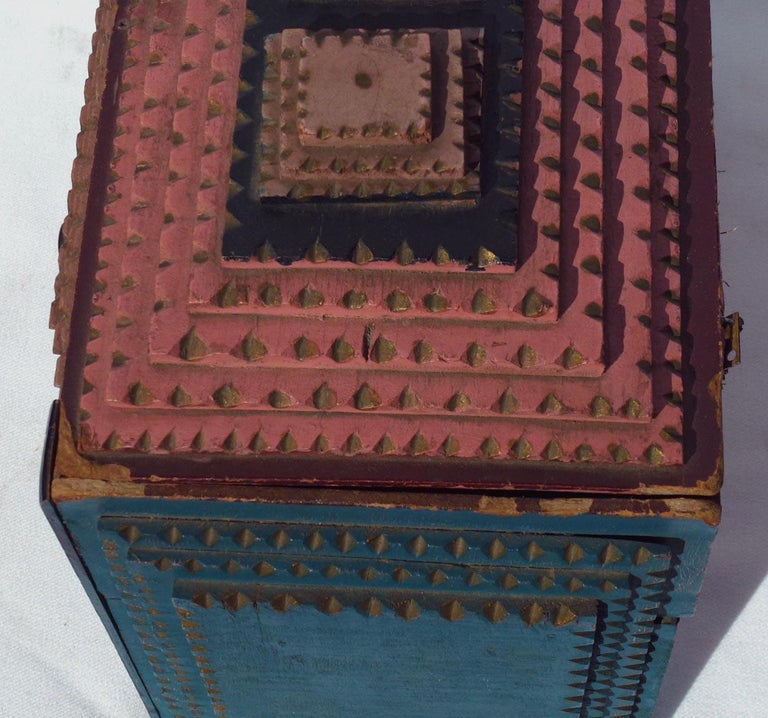 Wood Colorfully Painted Tramp Art Box with Drawer and Hinged Lid Unusual Construction For Sale