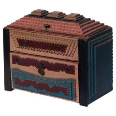 Colorfully Painted Tramp Art Box with Drawer and Hinged Lid Unusual Construction