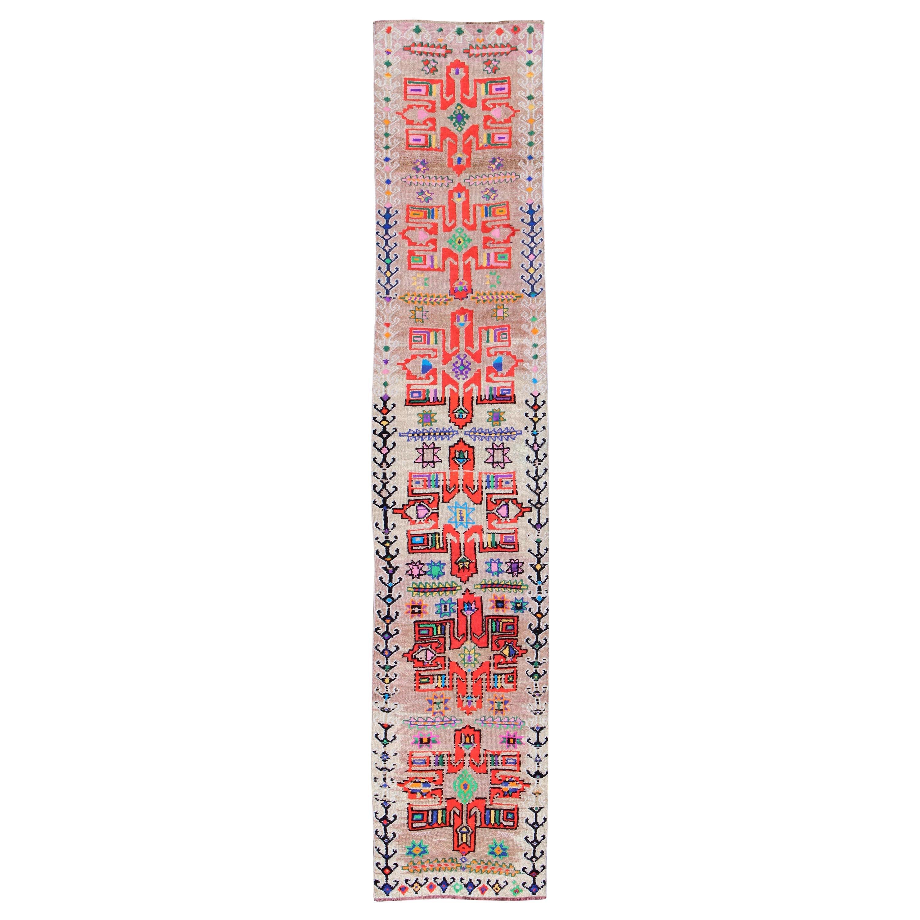 Alfombra Turca Vintage Oushak de Colores Vibrantes con Motivos Geométricos Tribales