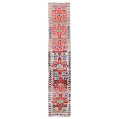 Colorfully Vibrant Vintage Turkish Oushak Runner with Tribal Geometric Motifs
