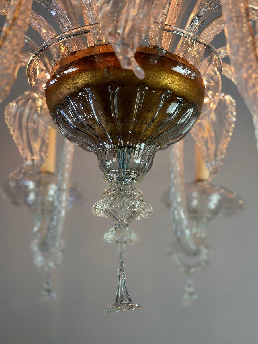 Kronleuchter aus farblosem Murano-Glas 8 Lichtarme, neue Elektrifizierung, drei Ebenen von Blumen und Blättern