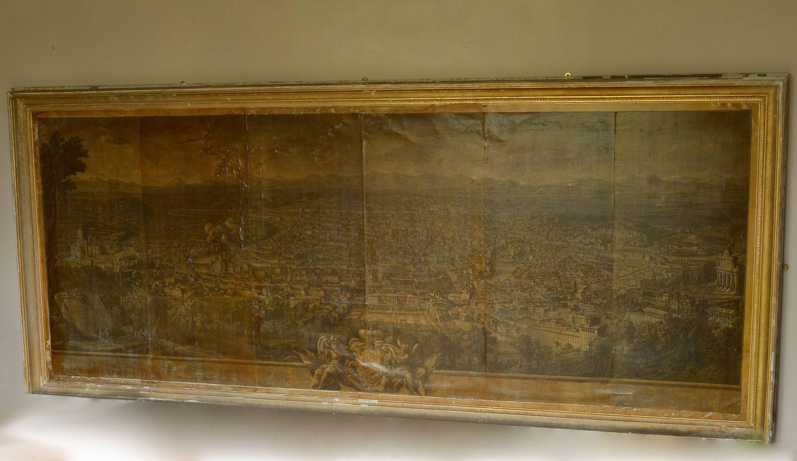 An amazing large-scale panorama of Rome.

Sensational sepia color. It has the look of distressed painted leather screen.

I particularly like the figural cartouche

It is a copper-plate engraving on 12 sheets of paper applied to canvas. It has a