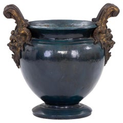"Colossal" French Baroque Iron Vase Blue-Green Enamel and Gilded Lion Handle