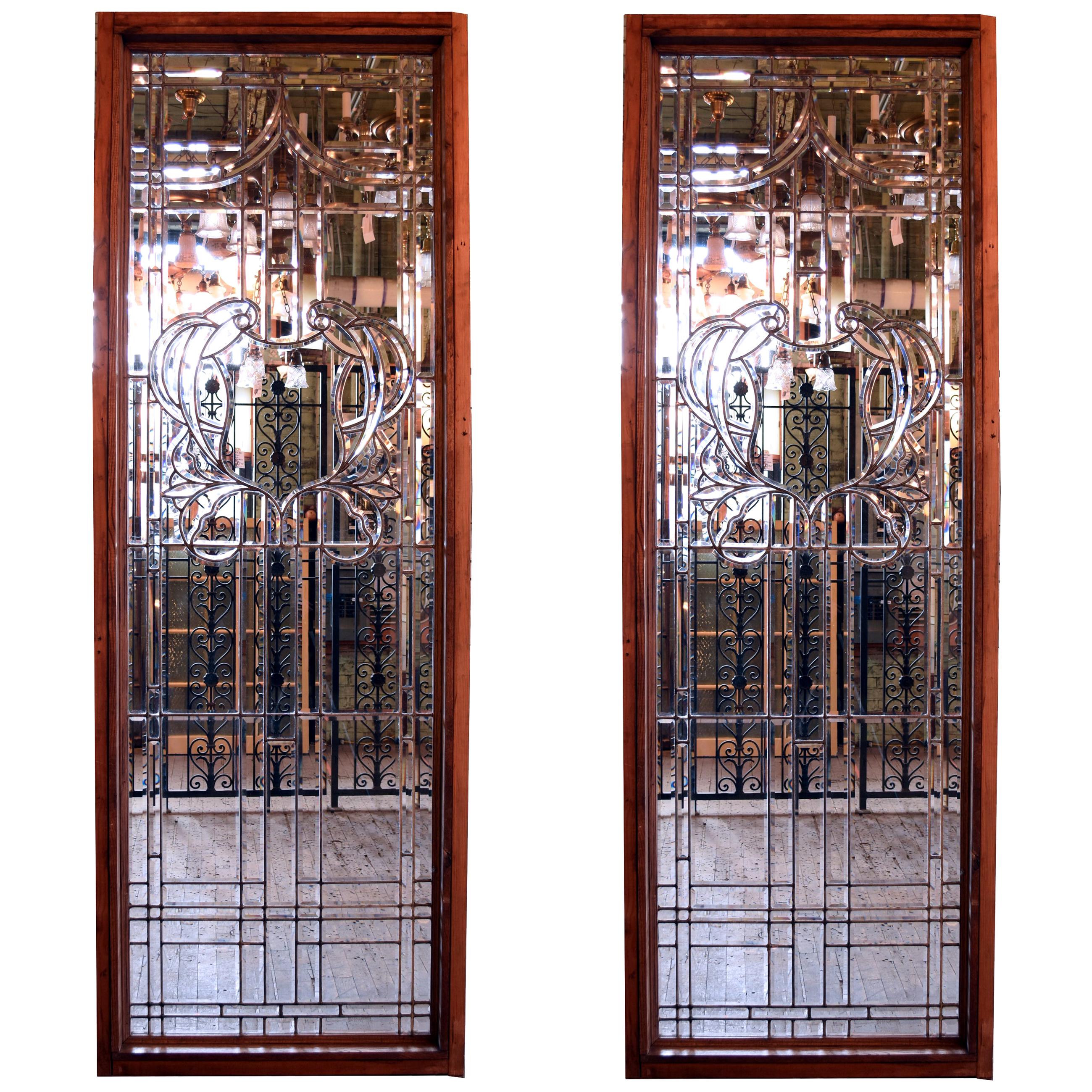 Colossal Handcut Beveled Glass Window, circa 1920, Two Matching Available For Sale