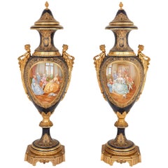 Colossal Pair of French Gilt Bronze and Blue Sèvres Style Porcelain Vases