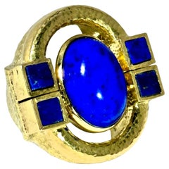 Colossal Scale 18K Hammered Gold & Lapis Lazuli Cocktail Ring 1.25 Inches long