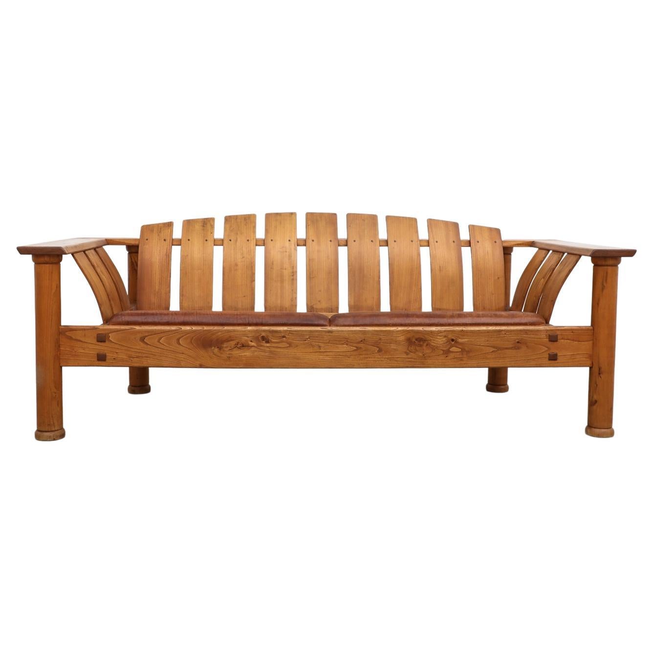 Stefan During "Colosseum" Sofa w/ Slatted Curved Back & Brown Leather Bench Seat For Sale