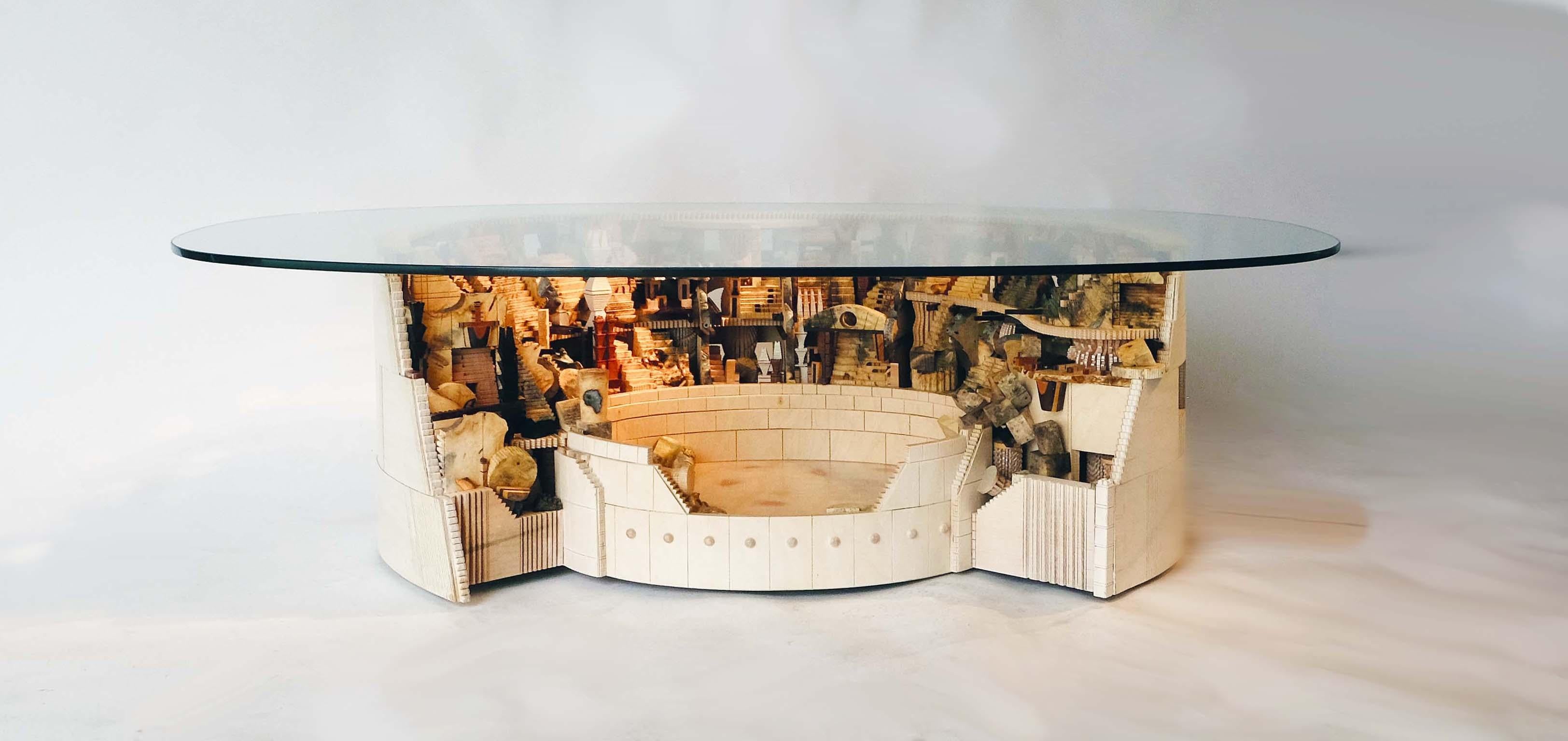 XXIe siècle et contemporain Table basse/table basse ronde en bois de Colosseum avec plateau en verre par Po Shun Leong en vente