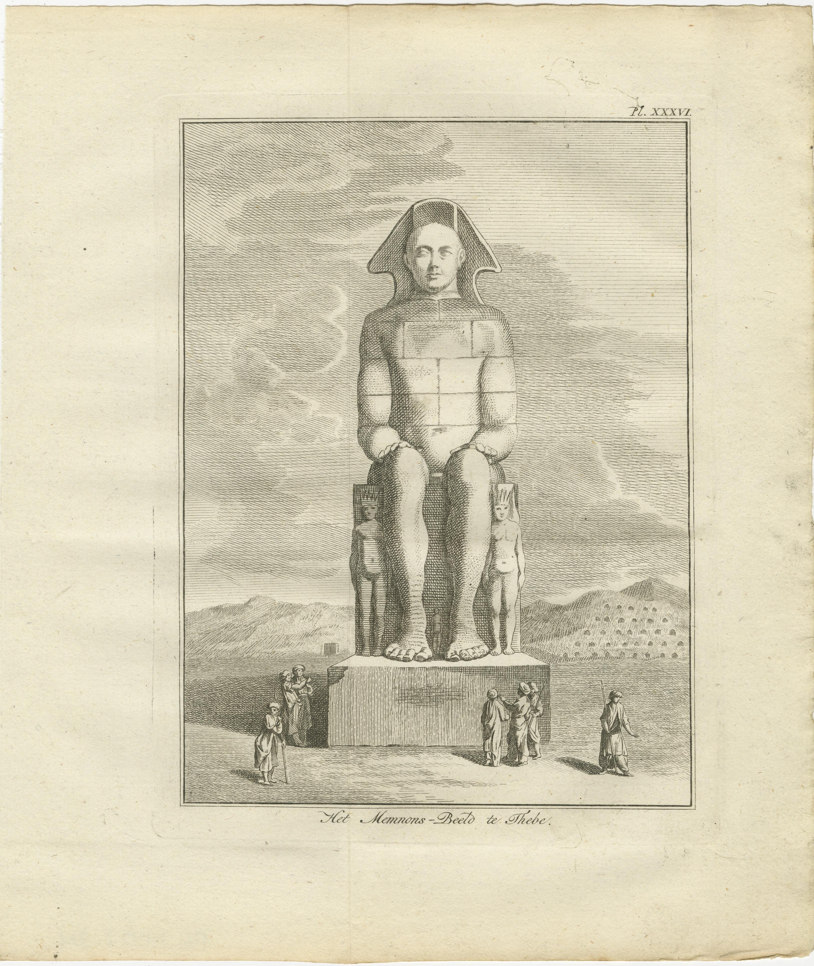 Colosso di Memnon a Tebe, Egitto - Viste anteriori e posteriori antiche, 1776 ca.

Descrizione:
Questa straordinaria coppia di incisioni antiche offre una vista frontale e posteriore del Colosso di Memnon, uno dei monumenti più iconici dell'antico