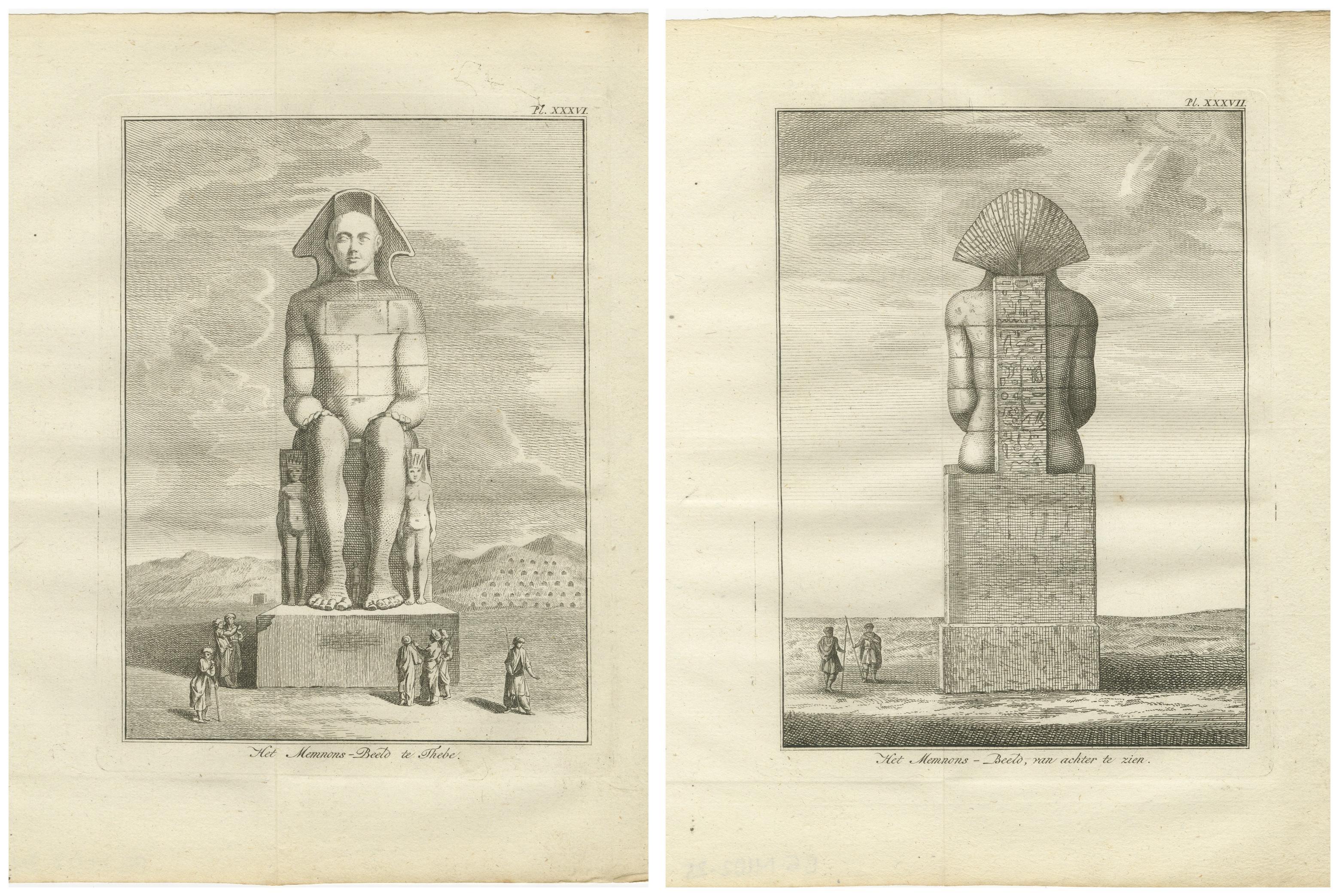 Inciso Colosso di Memnon a Tebe, Egitto - Viste anteriori e posteriori antiche, 1776 ca. in vendita