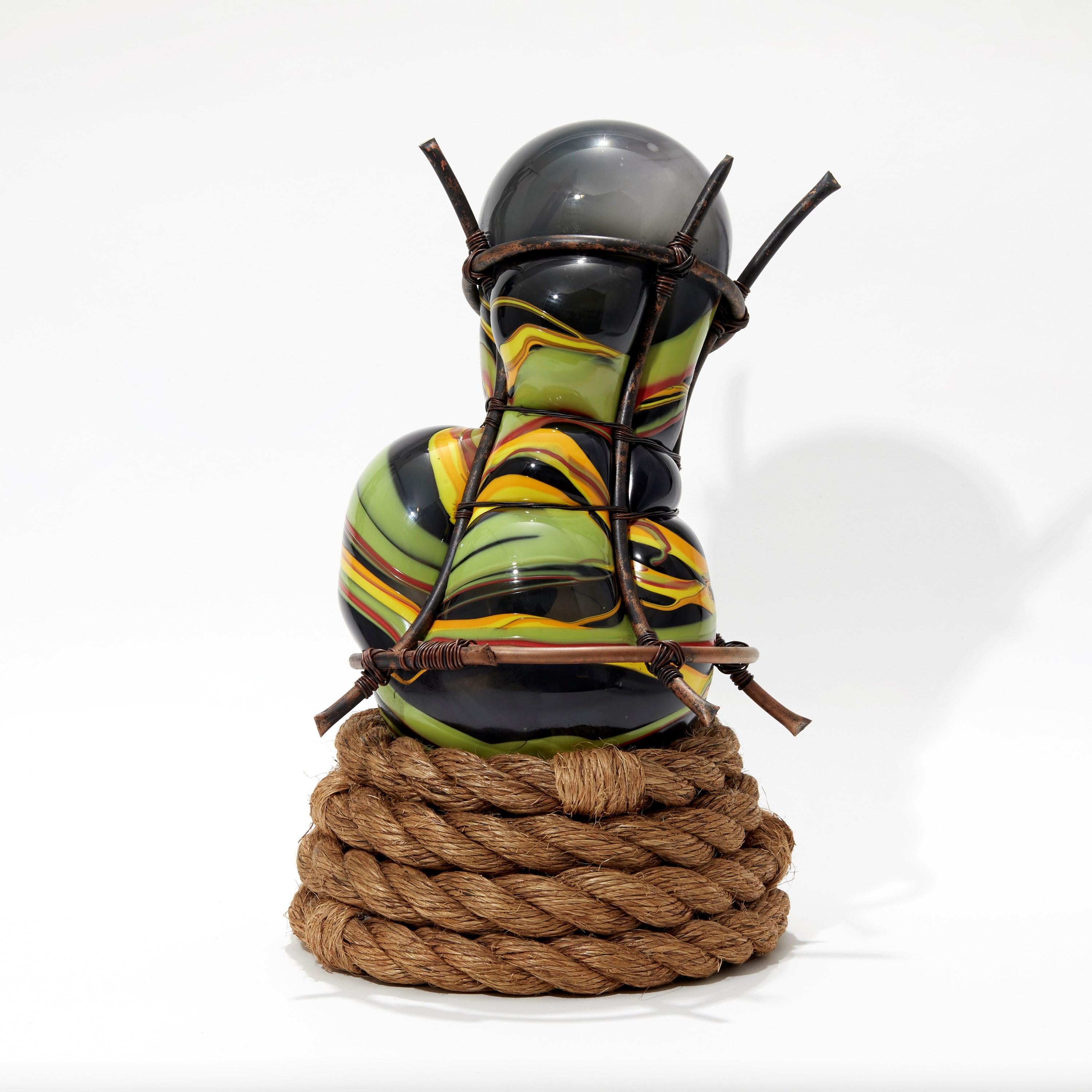 British Colour-Blind 1, green, yellow & black glass mixed media sculpture by Chris Day For Sale