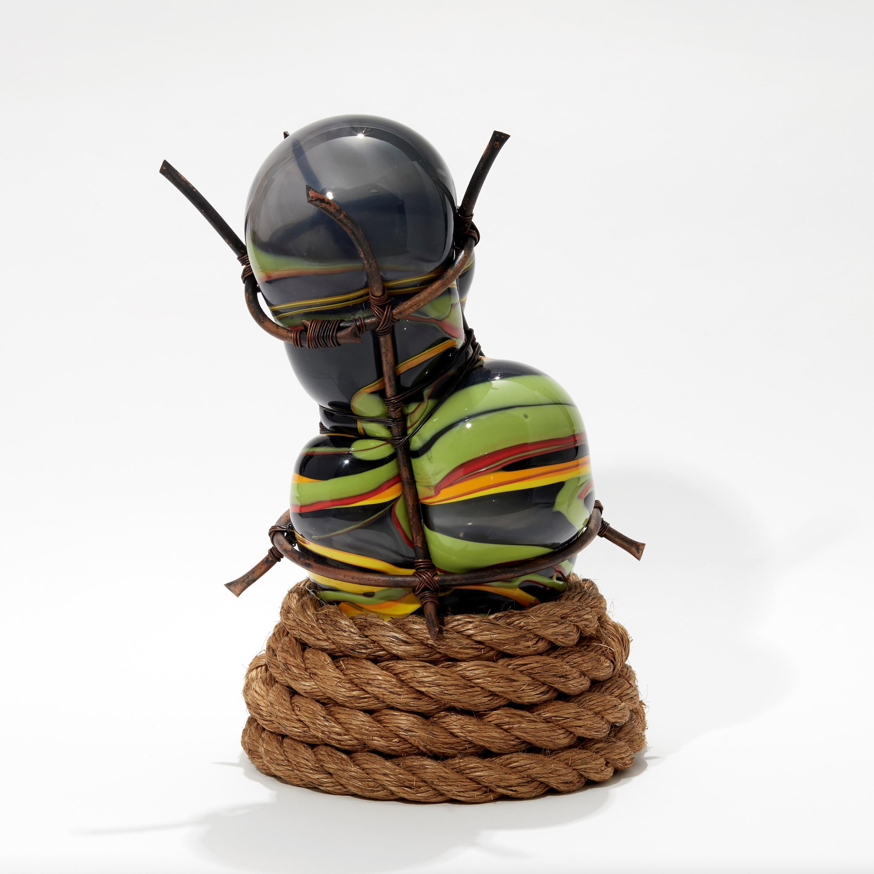 Hand-Crafted Colour-Blind 1, green, yellow & black glass mixed media sculpture by Chris Day For Sale