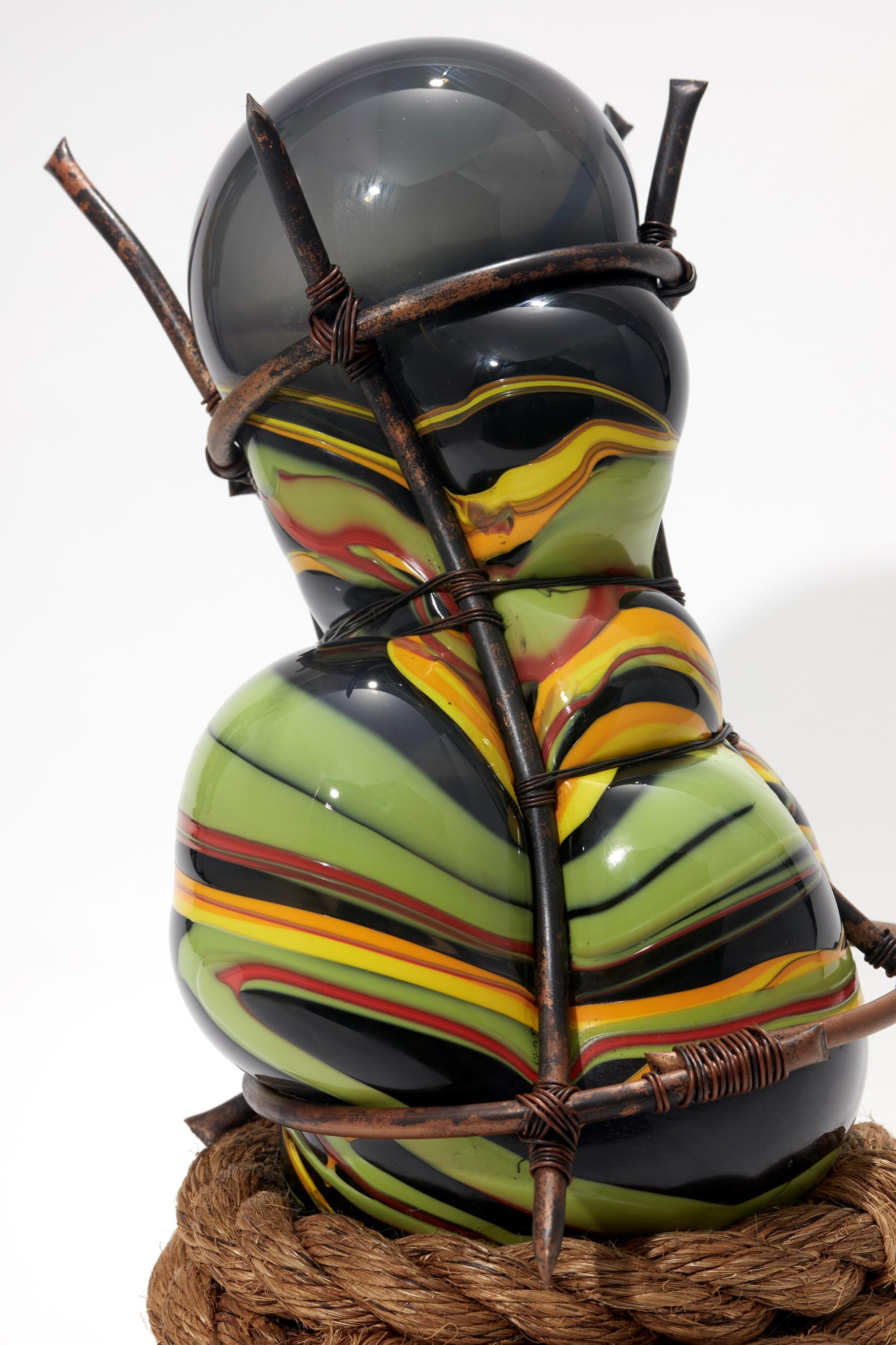 Colour-Blind 1, green, yellow & black glass mixed media sculpture by Chris Day In New Condition For Sale In London, GB