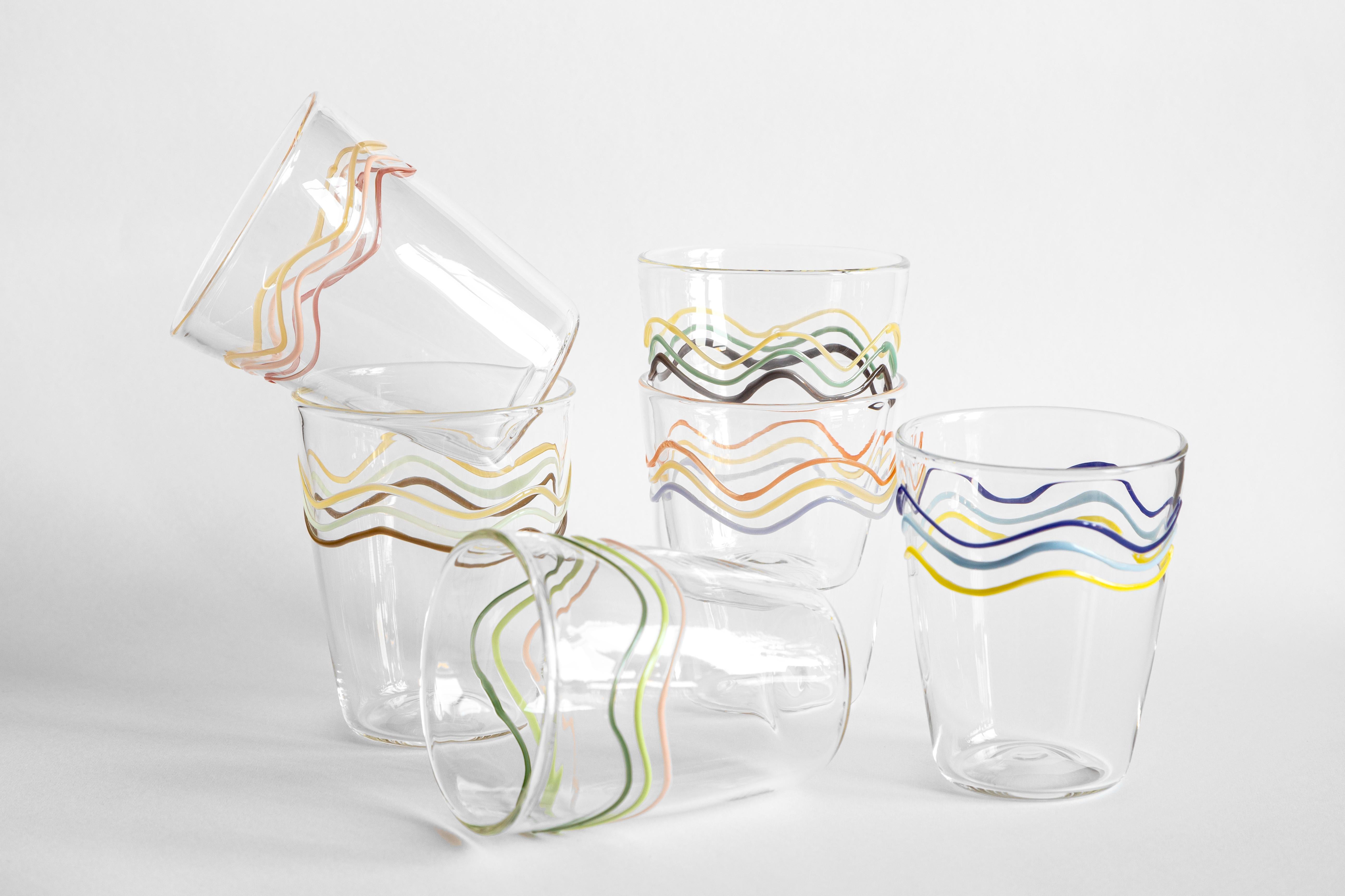 Colour Waves, Contemporary Blown Water Glass with Decorative Details For Sale 3