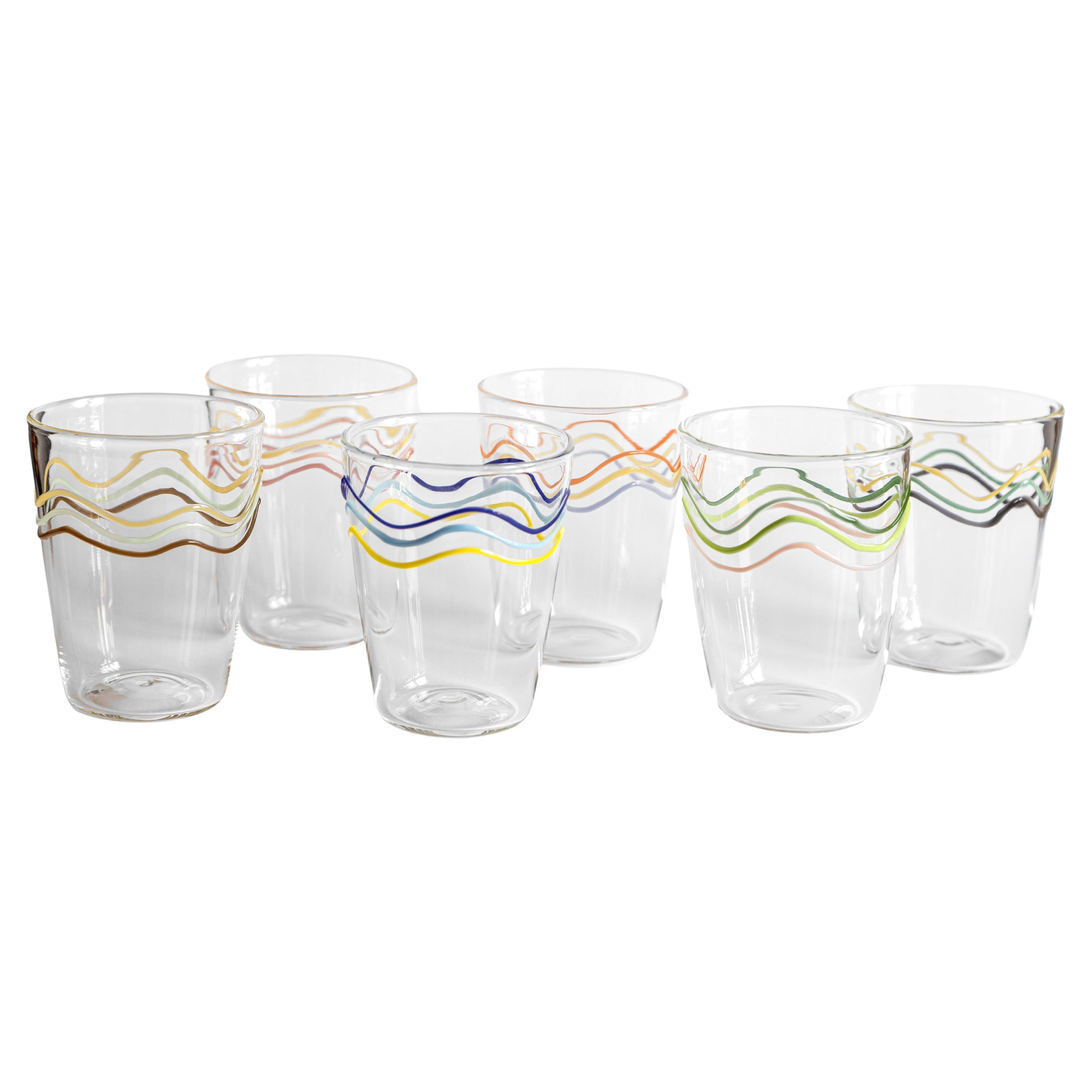 Colour Waves, Contemporary Blown Water Glass with Decorative Details For Sale