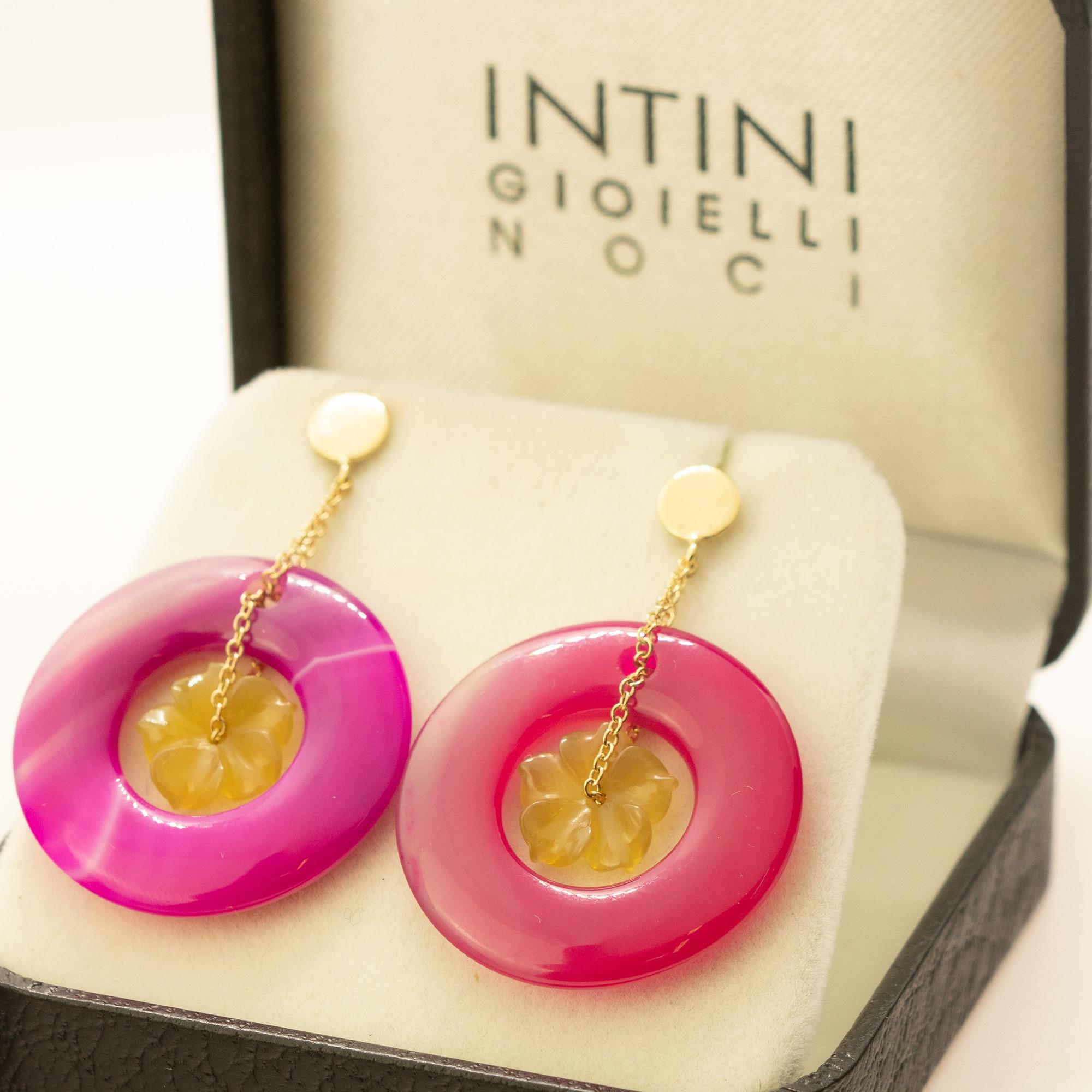 Cocktail-Spring-Ohrringe aus 18 Karat Gelbgold mit farbiger Achatblume von Intini Jewels im Angebot 2