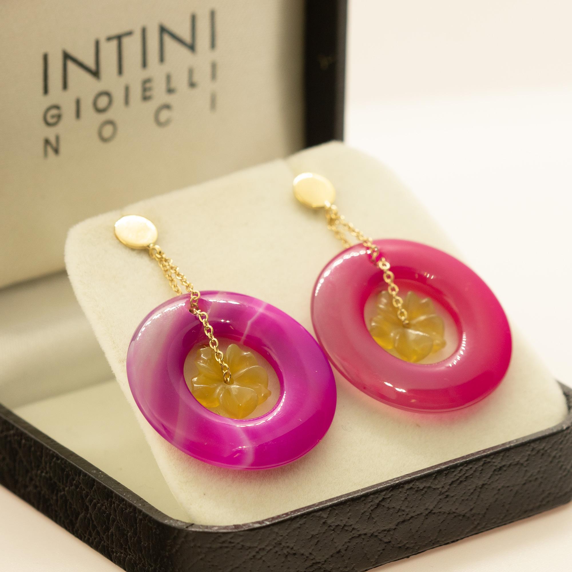 Cocktail-Spring-Ohrringe aus 18 Karat Gelbgold mit farbiger Achatblume von Intini Jewels im Angebot 3
