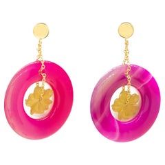 Coloured Agate Flower 18K Yellow Gold Cocktail Spring Earrings Intini Jewels