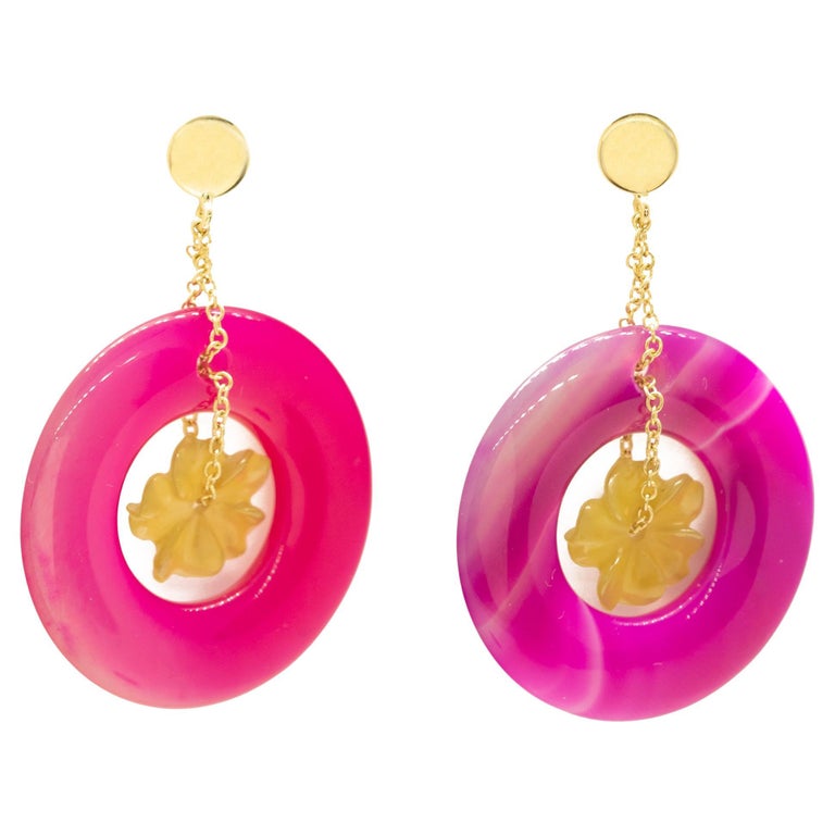 Coloured Agate Flower 18K Yellow Gold Cocktail Spring Earrings Intini ...