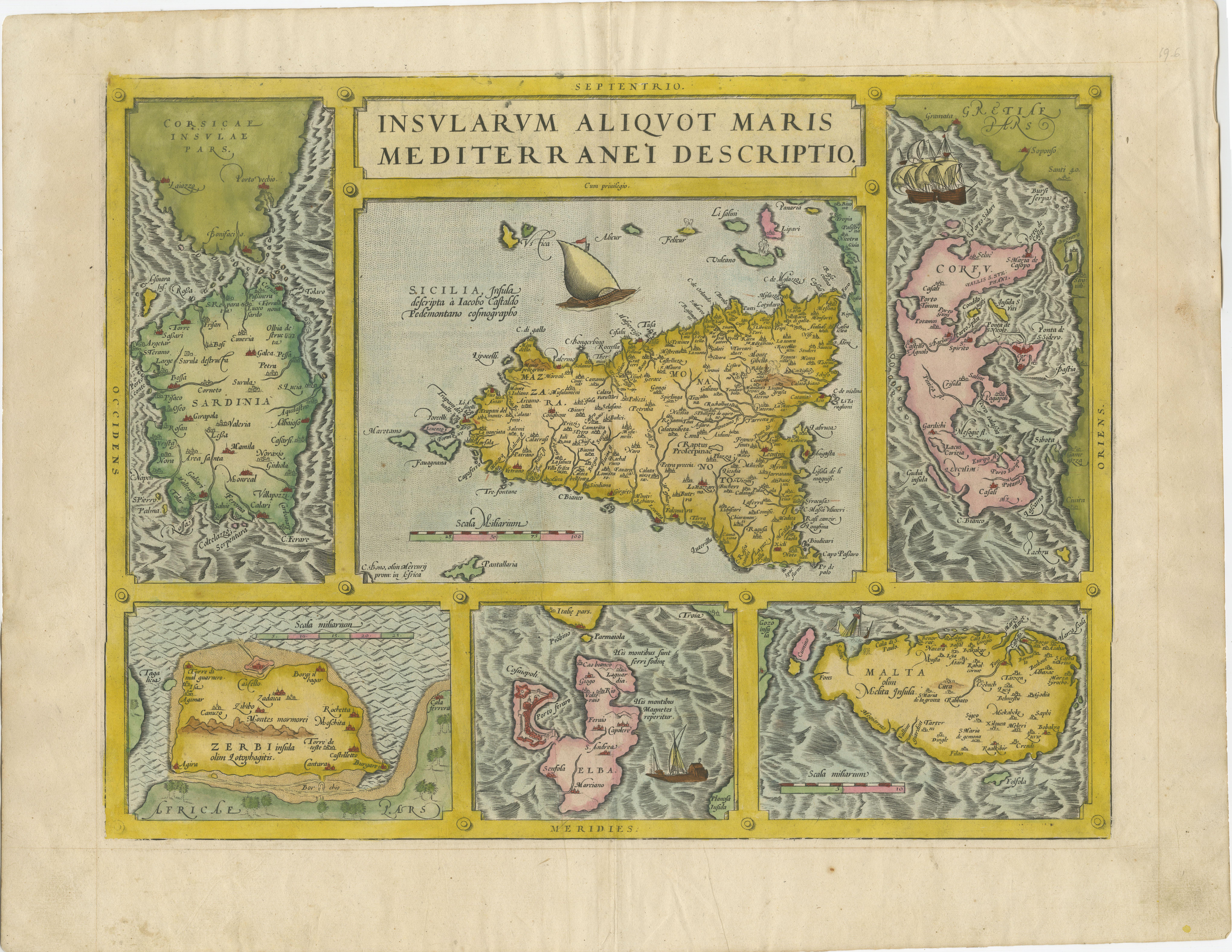Farbige antike Karte von Sizilien, Sardinien, Corfu, Elba, Malta und Zerbi (Jerba) (Papier) im Angebot