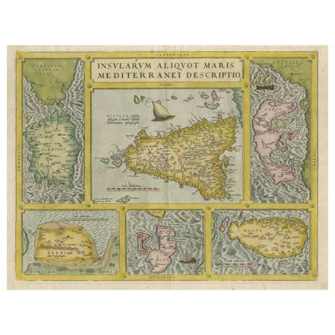 Antique Map of Sicily, Sardinia, Corfu, Elba, Malta and Zerbi (Jerba), c.1579