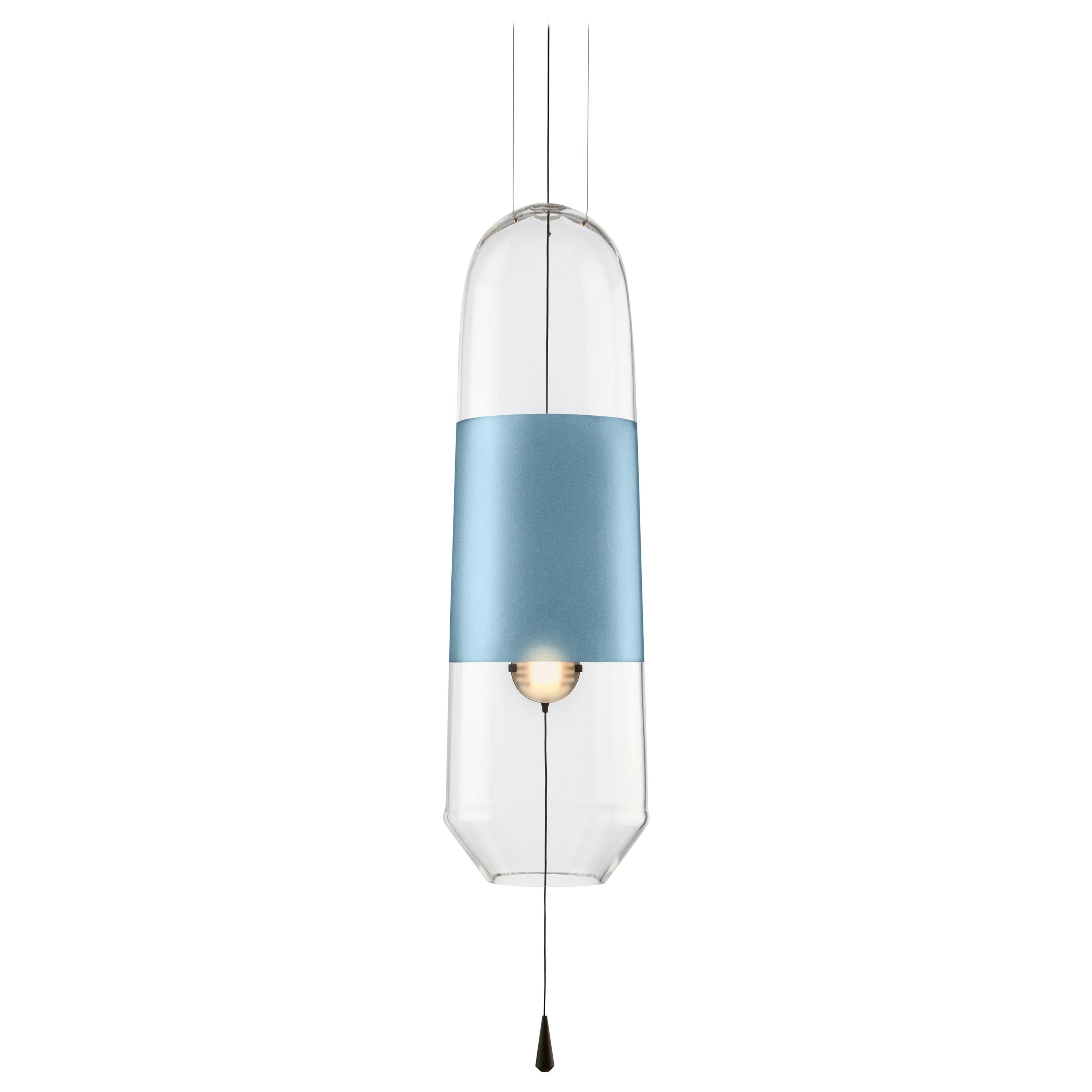 Lampe à suspension de couleur Limpid Light L en verre soufflé à la main avec tourbillon bleu quartz en vente